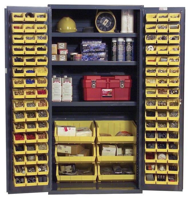 Vestil Steel/Plastic Storage Cabinet with 132 Yellow Bins 36 In. Width x 24 In. Depth x 72 In. Height Gray VSC-3501-132